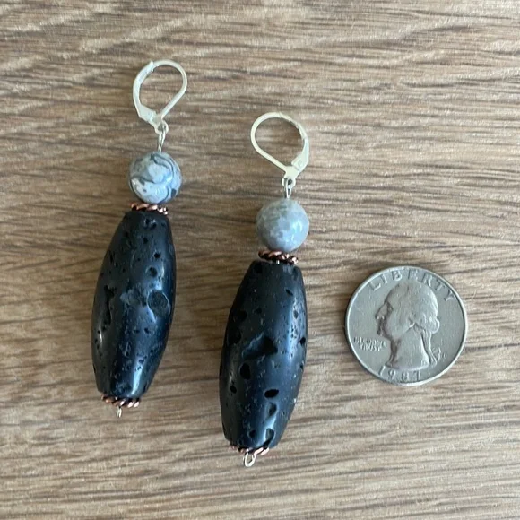 HAND CRAFTED EARRINGS Blackstone Gray Agate Copper Silver - Picture 4 of 12